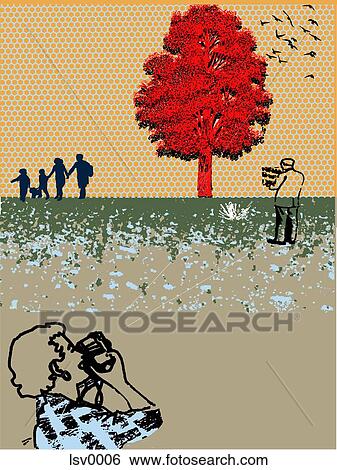 Stock Illustration - People at a park with a red tree in the background. Fotosearch