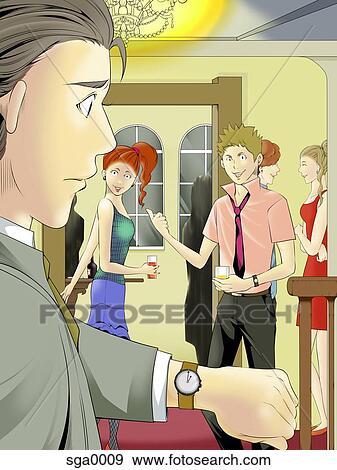 Stock Illustration - People at a party with a man at the foreground checking his watch. Fotosearch