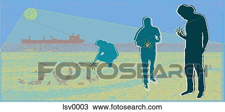 Drawing - people using a shell to dig S. O. S. in the sand. Fotosearch