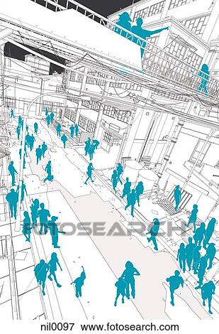 Silhouettes of people walking in a city View Large Illustration Stock Illustration - Silhouettes of people walking in a city. Fotosearch