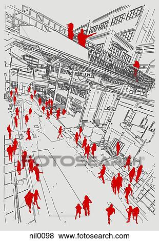Stock Illustration - Silhouettes of people walking on a street. Fotosearch
