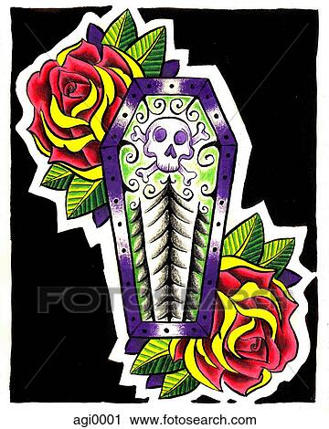 Clip Art - Skull on a Coffin surrounded by roses. Fotosearch