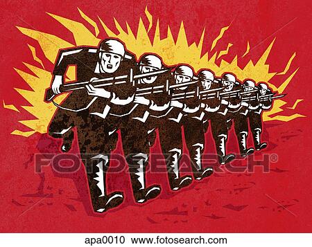 Clipart - Soldiers with rifles in a bayonet attack. Fotosearch