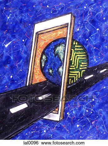 Stock Illustration - The earth on a road going through a monitor. Fotosearch