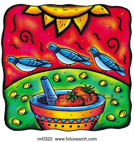 Drawing - Three pigeons near a mortar and pestle filled with tomatoes. Fotosearch