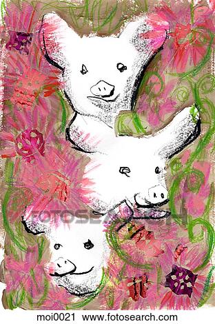 Clip Art - Three pigs in flowers. Fotosearch