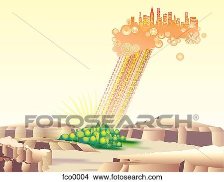 Trees being rained on a by money falling from a cloud with a city on it View Large Illustration Stock Illustration - Trees being rained on a by money falling from a cloud with a city on it. Fotosearch