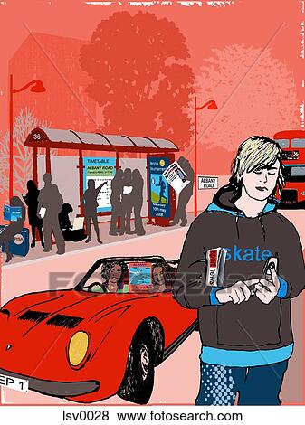 Stock Illustration - Two girls in a car in the background and a teen in the foreground. Fotosearch