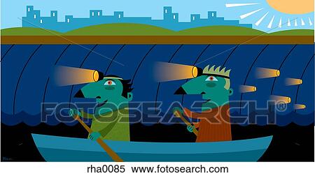 Stock Illustration - Two men going through a dark tunnel in the water. Fotosearch