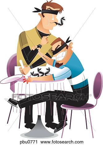 Clip Art - Two men having an eating insects in an eating contest. Fotosearch