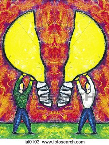 Two men holding a light bulb split into two View Large Illustration Drawing - Two men holding a light bulb split into two. Fotosearch