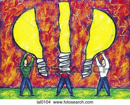 Stock Illustration - Two men holding a light bulb split into three. Fotosearch