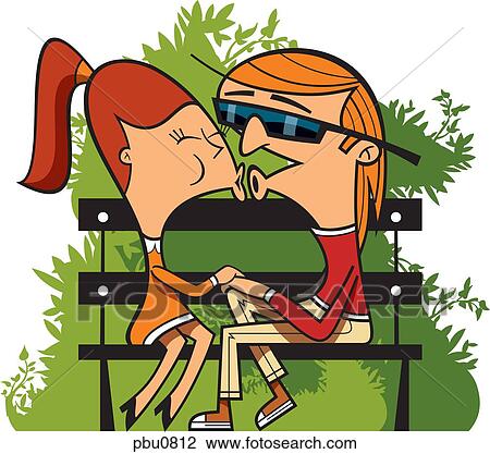 Drawing - Two people kissing on a park bench. Fotosearch