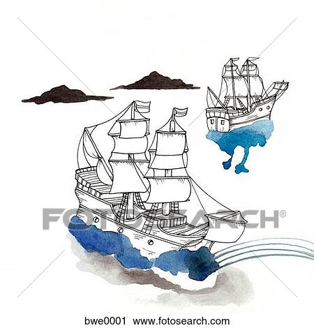 Clip Art - Two ships on the water. Fotosearch