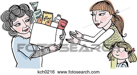Two women exchanging a box of food View Large Illustration Stock Illustration - Two women exchanging a box of food. Fotosearch