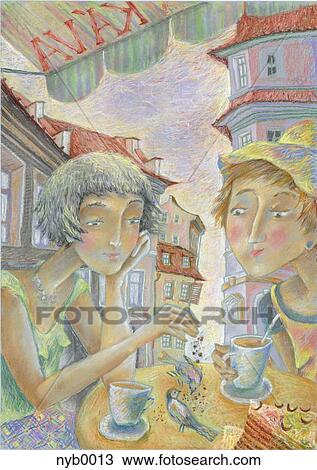 Drawing - Two women having coffee at a cafe. Fotosearch