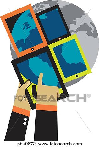 Using hand held devices to look at a map of the world View Large Illustration Drawing - Using hand held devices to look at a map of the world. Fotosearch