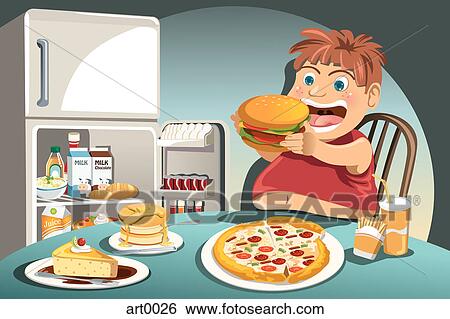 A 男の子 食べること ジャンクフード の前 開いている冷蔵庫 イラスト Art0026 Fotosearch