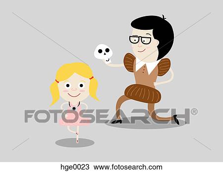 Drawing - A ballerina with a camera and a man performing a Shakespeare scene. Fotosearch