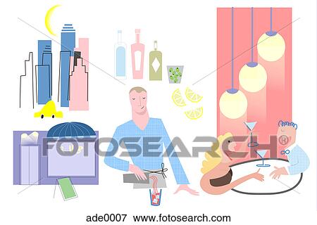 Stock Illustration - A bartender pouring a drink with various things in the background including buildings, beverages, a pub, and a man and woman drinking a martini,. Fotosearch