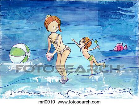 Clipart - A boy and his mother playing in water. Fotosearch
