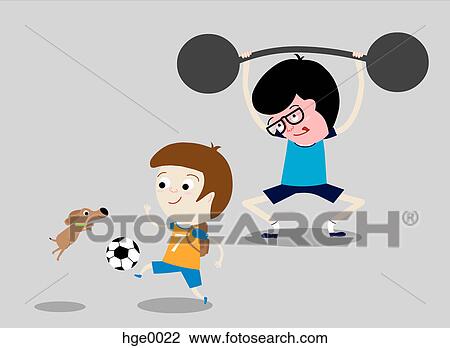 Drawing - A boy kicking a soccer ball and a man lifting weights. Fotosearch