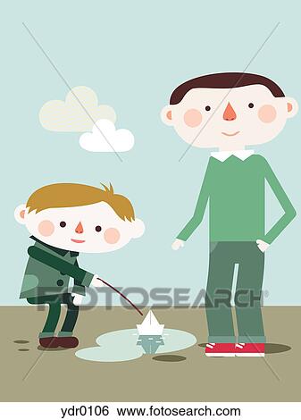 A boy playing with a boat in a puddle View Large Illustration Stock Illustration - A boy playing with a boat in a puddle. Fotosearch
