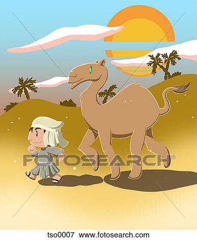 Stock Illustration - A boy walking with a camel in the desert. Fotosearch