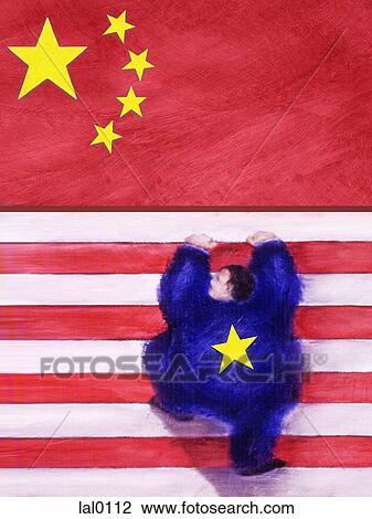 A businessman climbing the American flag up to the flag of the People's Republic of China View Large Illustration Drawing - A businessman climbing the American flag up to the flag of the People's Republic of China. Fotosearch