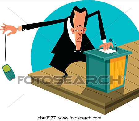 Stock Illustration - A businessman dropping his cell phone while standing at a podium. Fotosearch