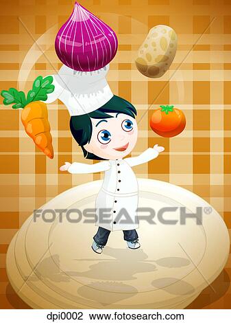 Drawing - a chef juggling food. Fotosearch