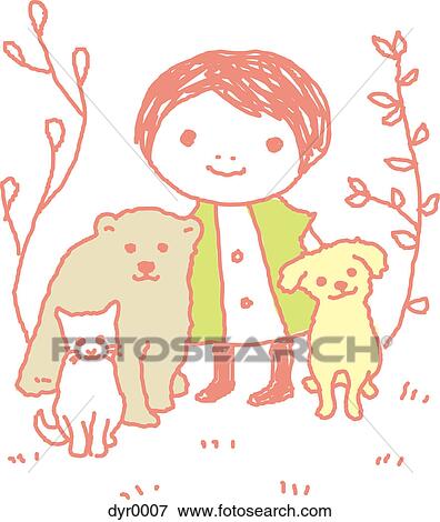 Stock Illustration - A child posing with animals. Fotosearch
