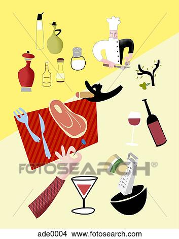 Stock Illustration - A collage of various food and drink with a chef in the background. Fotosearch
