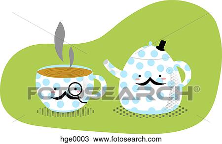 A cup of tea and a teapot with faces on them View Large Illustration Drawing - A cup of tea and a teapot with faces on them. Fotosearch