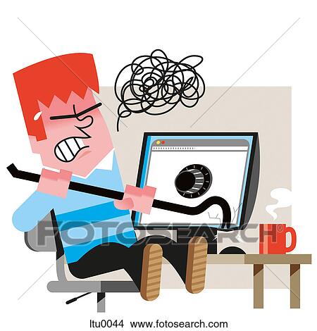A frustrated man taking a crowbar to his computer View Large Illustration Stock Illustration - A frustrated man taking a crowbar to his computer. Fotosearch