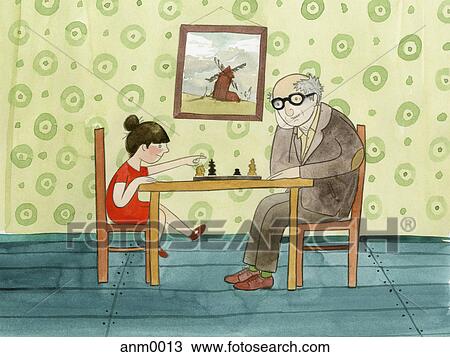 A girl and her grandfather playing chess View Large Illustration Drawing - A girl and her grandfather playing chess. Fotosearch