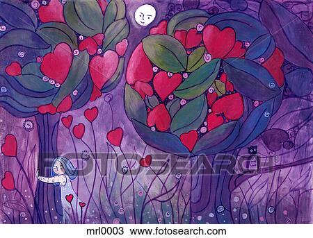 Drawing - A girl hugging a tree with hearts for blossoms. Fotosearch