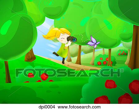 Stock Illustration - A girl looking at a butterfly through binoculars. Fotosearch