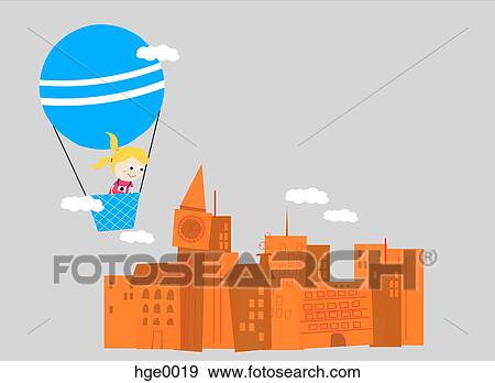 A girl looking down at a city from a hot air balloon View Large Illustration Stock Illustration - A girl looking down at a city from a hot air balloon. Fotosearch