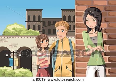 Stock Illustration - A girl standing with her arms crossed as a couple are walking by. Fotosearch