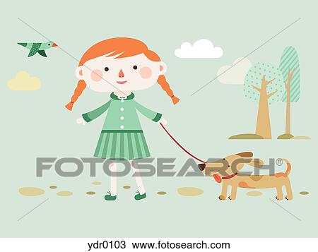 Drawing - A girl walking her dog. Fotosearch