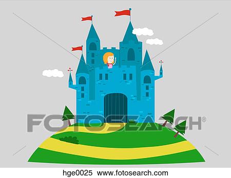 A girl waving from a castle View Large Illustration Stock Illustration - A girl waving from a castle. Fotosearch