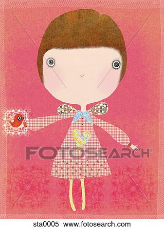 A girl with a bird in the palm of her hand View Large Illustration Stock Illustration - A girl with a bird in the palm of her hand. Fotosearch