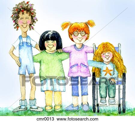 Drawing - A group of friends standing with their arms around one another. Fotosearch