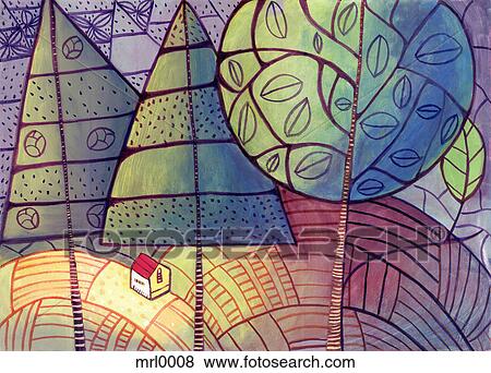 Stock Illustration - A house among trees and farm land. Fotosearch