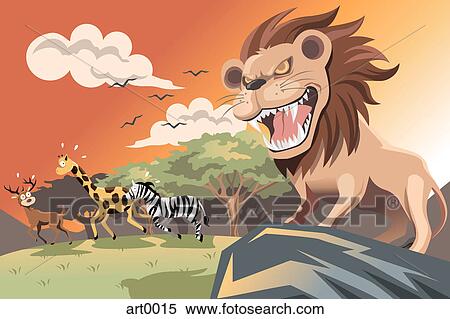 A lion roaring at a giraffe, zebra, and antelope View Large Illustration Stock Illustration - A lion roaring at a giraffe, zebra, and antelope. Fotosearch