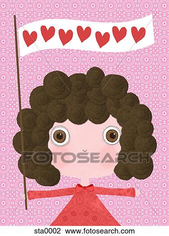 Drawing - A little girl holding a flag with hearts on it. Fotosearch