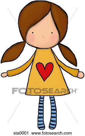 Clip Art - A little girl in pig tails with a heart on her dress. Fotosearch