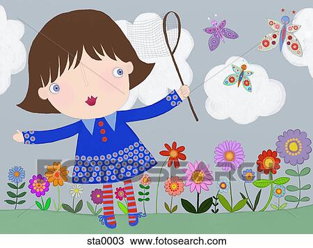 Drawing - A little girl trying to catch butterflies with a net. Fotosearch