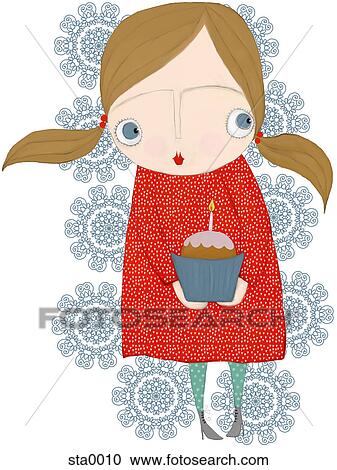 Clipart - A little girl with pig tails holding a cupcake. Fotosearch